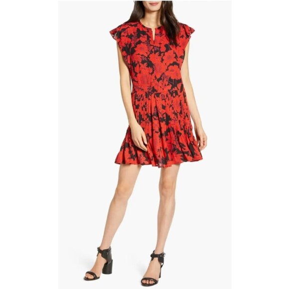 Rebecca Minkoff Fit Flare Mini Dress Large Red Short Sleeve Floral Pleat Ruffle - Picture 6 of 8